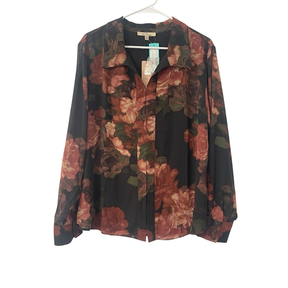 NWT Les Serein Buttondown Semi Sheer Floral Blouse 2X Dark Romantic